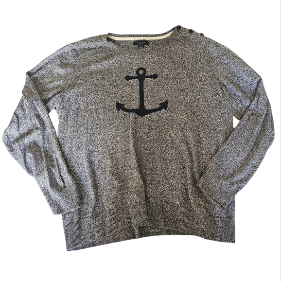Nautica Anchor Intarsia Blue Marled Knit Cotton Pullover Preppy Sweater, Size XL - Picture 1 of 8